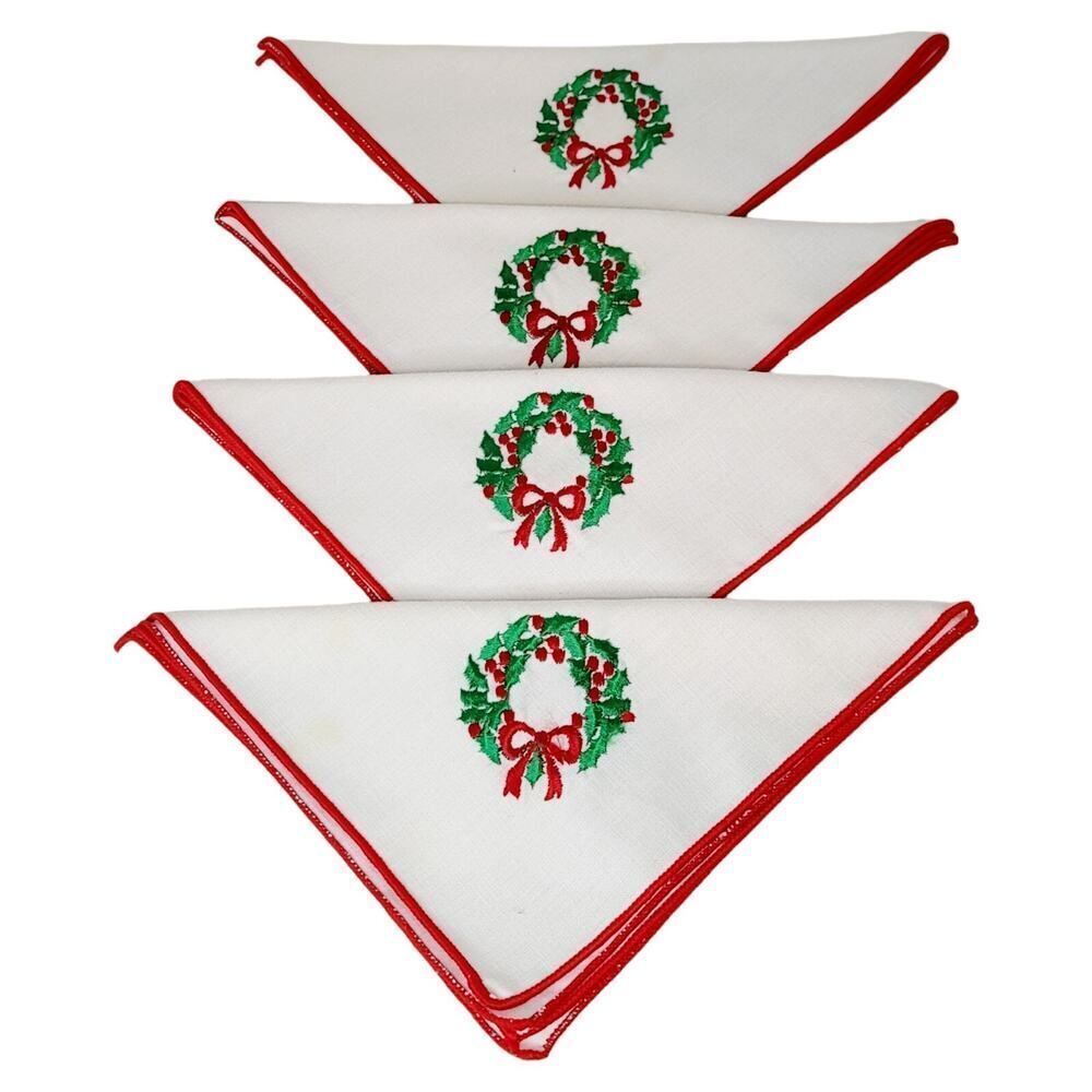 Set Of 4 Vtg Christmas Cloth White Table Napkins Embroidered‎ Green Wreaths